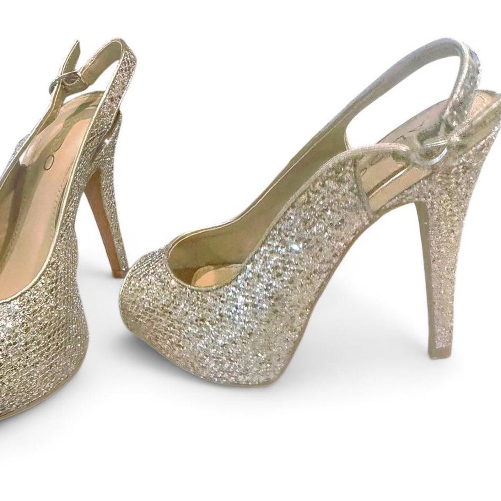 Aldo Gold glitter peep-toe sling back 5 inch heel - Picture 2 of 3